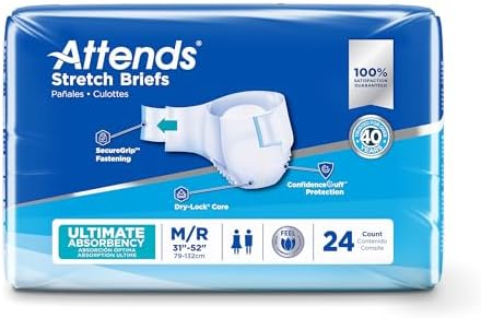Attends Stretch Adult Incontinence Disposable Briefs, Large/X-Large, 40"-70" Waist with SecureGrip Tab Closure, Ultimate Absorbency with Dry-Lock Containment Core and Breathable Side Panels, 96ct Case