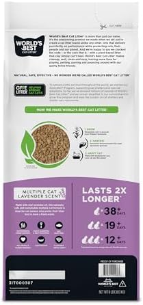 World's Best Cat Litter, Lavender Scented, Long-Lasting Odor Control, 15 lb | Controls multi-cat odors with a calming lavender scent; natural corn litter, quick clumping, flushable, 99% dust free formula