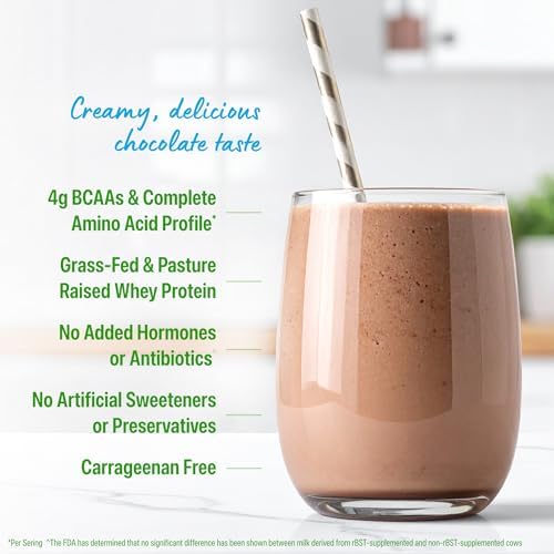 Orgain 21g Grass-Fed Whey Protein Powder, 5g BCAAs, Chocolate, 1.82lb | Dairy protein, 5g BCAAs, 4g prebiotic fiber, no sugar added, no added hormones, gluten free, kosher, for shakes & smoothies