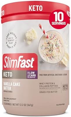 SlimFast Keto Meal Replacement Powder, Vanilla Cake Batter, Low Carb with Whey & Collagen Protein, 10 Servings (Pack of 2) (Packaging May Vary)
