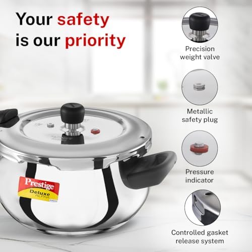 Prestige Deluxe Alpha Svachh Stainless Steel Pressure Cooker with Alpha Base and Deep Lid for Spillage Control, (4.0 L Junior Handi)