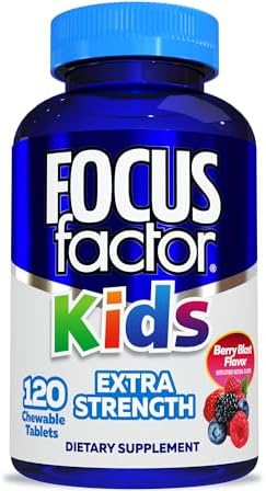 Focus Factor Kids Extra Strength Daily Chewable for Brain Health Support, 120 Count – Vitamins - Quality Formula – Gluten & Dairy Free Supplements for Children – No Artificial Sweetener