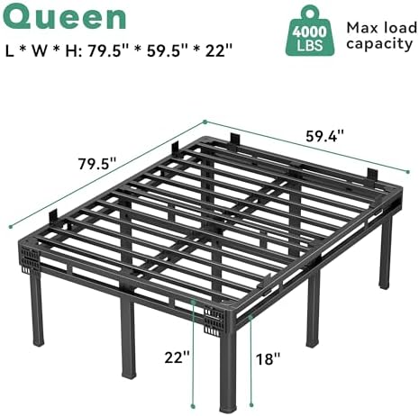 Superay 24 inch HIgh Queen Bed Frame with Rounded Legs, Double Layer Design | Metal Bed Frame & Box Spring 2 in 1 High Platform with Matress Gasket & headboard Adapter, Heavy Duty Support 4000lbs, Black