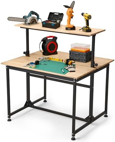 48" Adjustable Rubberwood Workbench with Foldable Extension Board & Power Outlet, Extra Large 48x32In 9-Level Height 27"-37", 2000 LBS Heavy Duty for Workshop Garage Office Home