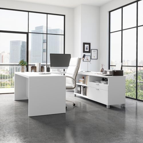 Bestar Pro-Linea 72W U-Shaped Executive Desk in Bark Grey | With Desk Shell, Credenza, Desk Bridge; for home or professional office use; 1 file drawer, 1 box drawer; Wood construction