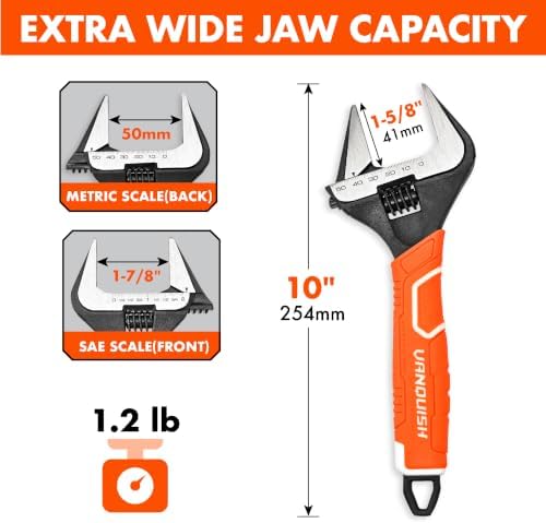 VANQUISH 12 Inch Adjustable Wrench, 2-3/8” Wide Jaw Opening Plumbing Wrench, CR-V Steel, SAE and Metric Scale Marked, With Comfort Grip Handle and Hanging Hole (3154)