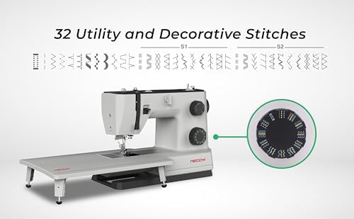 NECCHI Q132A Sewing Machine with Extension Table, Italian Designed, Stainless Steel Metal Bedplate, 32 Built-In Stitches, Accessory Kit Included.