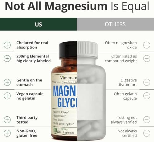 Vimerson Health Magnesium Glycinate 200mg for Sleep, Relaxation & Muscle Support – Chelated, Bioavailable