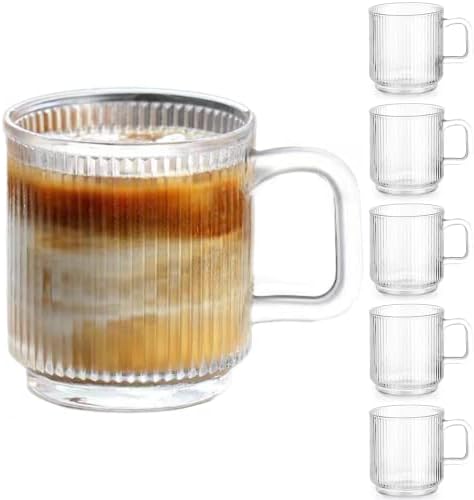 Qipecedm 6 PACK Premium Glass Coffee Mugs with Handle, 12 OZ Classic Vertical Stripes Glass Coffee Cups, Transparent Tea Cup for Hot/Cold Beverages