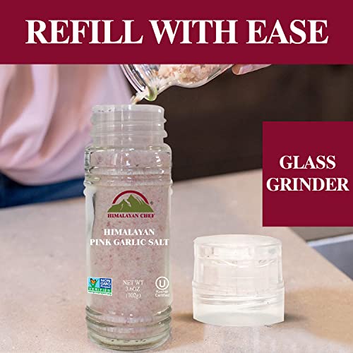 Himalayan Chef Himalayan Pink Garlic Salt -3.6 Oz (Pack of 1), Small Grinder of Garlic Salt Seasoning, Natural & Certified