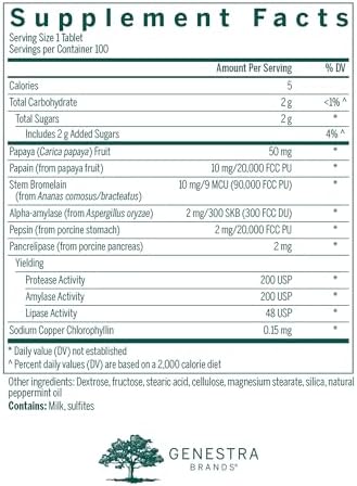 Genestra Brands Bio Enzymes | Complete Digestive Enzymes Formula in Chewable Tablets | 100 Chewable Tablets | Natural Peppermint Flavor | Complete