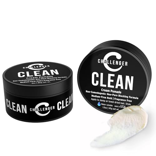 Challenger Men’s Clean Cream Pomade, 1.5 Ounce | Fragrance Free, Non-Comedogenic Hair Styling Product | Medium Firm Hold & Natural Finish | Shine Free, Unscented, Water Based & Travel Friendly