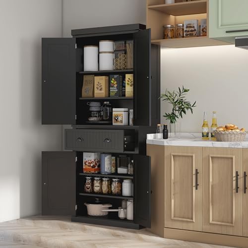 HOMCOM 72" Kitchen Pantry Cabinet Freestanding Tall Storage Cabinet White | Traditional Kitchen Pantry, 4 Doors, Drawer, 3 Adjustable Shelves, for Dining Room