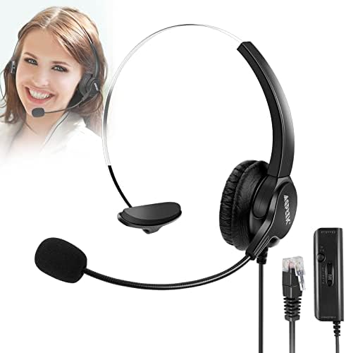 AGPTEK® Hands-Free Call Center Noise Cancelling Corded Headset | with Microphone, Monaural Headset Headphone for Desk Telephone, with 4-Pin RJ9 Crystal Head