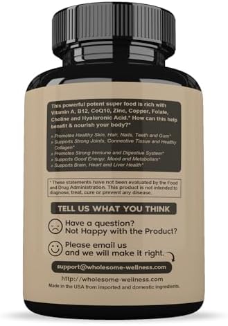 Wholesome Wellness Grass Fed Desiccated Beef Liver Capsules (180 Pills, 750mg Each) - Natural Iron, Vitamin A