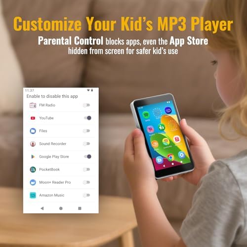 MP3 Player with Spotify for Kids, Play Store | Android 14, Parental Controls, Night Mode, Audible, Amazon Music, Libby, Earphones Included, Up to 1TB