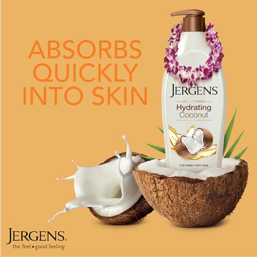 Jergens Hydrating Coconut Body Lotion, Hand and Body Moisturizer, Infused with Coconut Oil, Hydrates Dry Skin Instantly, Dermatologist Tested, 16.8 oz | Coconut Oil, Instantly Hydrates, Dermatologist Tested, Extra Dry Skin Care, Long-Lasting Moisture