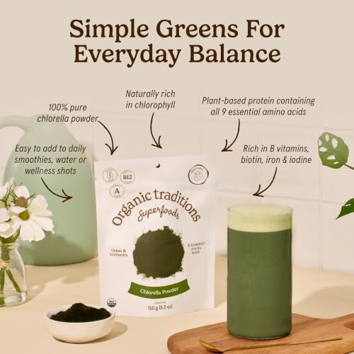 Organic Traditions Chlorella Algae Powder, Broken Cell Wall Formula, 5.3oz | Plant Based Protein and 9 Essential Amino Acids