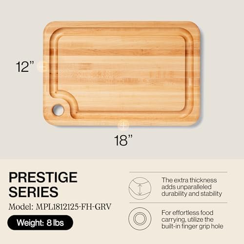 John Boos Prestige Series Rectangular Wooden Maple Cutting Board 16”x10” – 1.25” Thick, 6-lb Reversible Butcher Block with Juice Groove, Edge-Grain & Finger Grip Hole – Made in the USA | 1.25” Thick, 6-lb Butcher Block with Juice Groove, Edge-Grain & Fin…