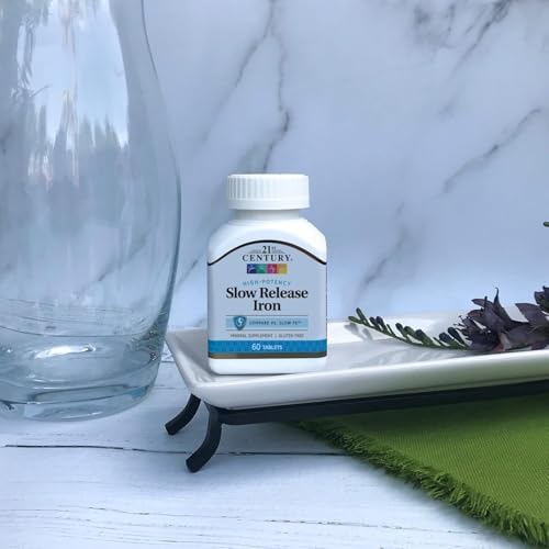 21st Century Slow Release Iron 45mg Tablets, Gentle on Stomach, 60 Count | High-Potency Ferrous Sulfate, Compare VS. Slow FE® & Healthy Red Blood Cells, Gluten Free, No Added Yeast, For Women & Men