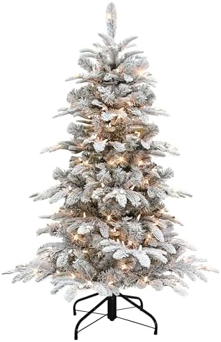 Puleo International 7.5ft Pre-Lit Slim Flocked Aspen Fir Christmas Tree with 450 Clear Lights, 1016 Realistic Dense Snow Flocked Branch Tips, Easy Setup Artificial Trees with Sturdy Metal Stand