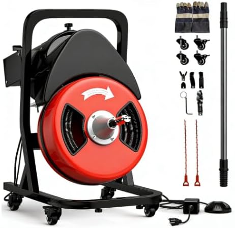 100Ft 3/4 Inch Drain Cleaning Machine. Sewer Snake 750w Auto Feed | Portable Drain Cleaning Machine Electric Drain Auger Sewer Auger with 6 Cutter Air-Activated Foot Switch for 4" to 8" Pipes