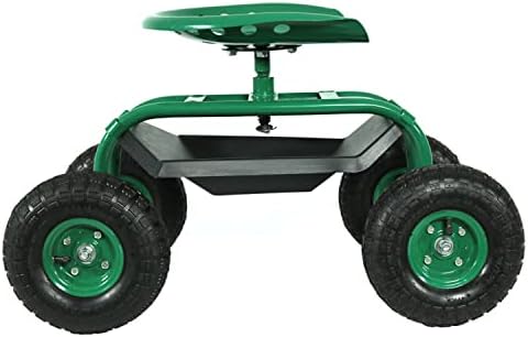 Sunnydaze Rolling Garden Cart with Swivel Seat and Storage, Green | Steel Rolling Gardening Seat with Utility Tray, and Basket for Storage, Rotating, Swiveling Motion