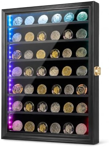 Jinchuan Military Challenge Coin Display Case Lockable Cabinet Rack Holder Shadow Box with Removable 2 Grooves Shelves and Anti Dust Door for Casino