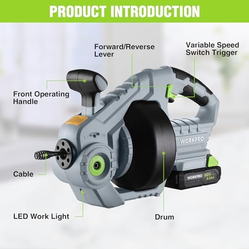 WORKPRO 20V Cordless Electric Drain Auger, 25 ft Plumbing Snake, 2.0Ah Battery | Suitable for 3/4" to 2" Pipes, Including Sinks, Toilets, Showers