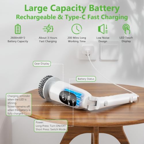 Electric Spin Scrubber, Bathroom Scrubber with Aluminum Alloy Handle | 3H Work Time, Cordless Cleaning Brush with 3-Speed, IPX7 Waterproof