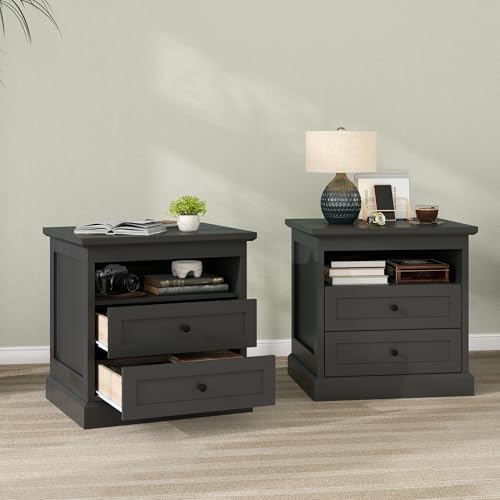 Nightstand with Hidden Storage Space,Night Stand,End Table with Side Drawer | Black Bedside Table with Open Shelf, 2 Drawers Dresser for Bedroom, Living Room, Closet