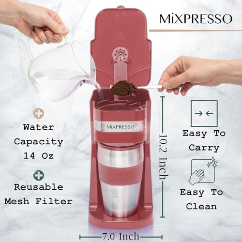 Mixpresso Single Serve & Single Cup Coffee Maker with 14oz Travel Mug Black | For ground coffee only, reusable filter, auto shut off. Compact personal drip coffee maker, not compatible with K-Cup pods.
