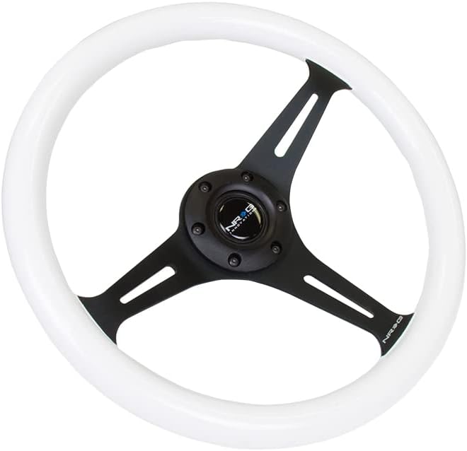 NRG Innovations NRG-ST-015BK-GL Steering Wheel - 350mm 25mm Deep Configuration, Classic Wood Grain Wheel 3 Black Spokes- (Glow-N-the-Dark Grip)