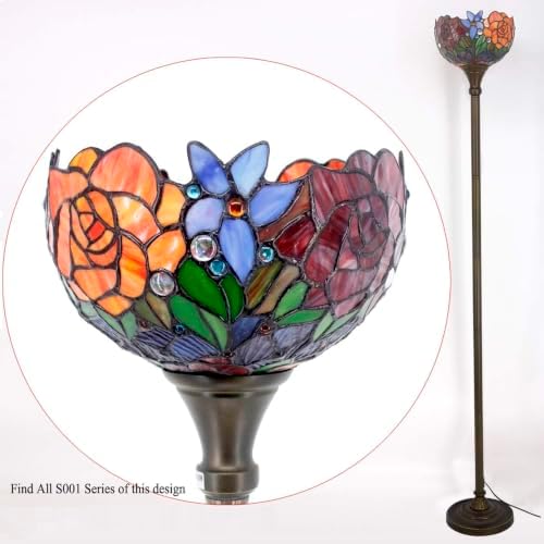 WERFACTORY Tiffany Floor Lamp Red Rose Flower Stained Glass Light Torchiere | 10X10X71 Inches Pole Standing Corner Torch Uplight Decor Bedroom