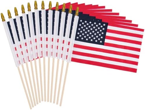 12 Pack Small American Flags on Stick Small US Flags/Mini American Flags for Outside 4x6 Inch American Hand Held Stick Flags with Kid-Safe Spear Top