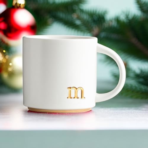 COLLECTIVE HOME Ceramic Coffee Mug, 15 oz Monogram Cup with Gift Box(m) | Dishwasher Safe, Engraved Gold Letter