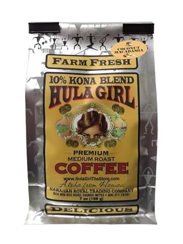 Hula Girl 10% Kona Ground Coffee, Grown in Hawaii, Hand Picked, Sun Dried, Fresh Roasted and Packed in Hawaii for 30 years, 7 Ounce