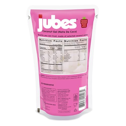 Jubes Strawberry Nata De Coco Jelly Cubes (12.7 oz, Pack of 3) - Strawberry Coconut Jelly Cubes for Sago - Coconut Gel in Syrup Toppings for Fruit Tea, Boba, Bubble Tea, Drinks, Desserts Yogurt, Ice Cream, Beverage