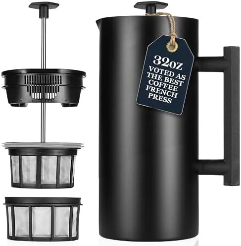 ESPRO P6 32 Ounces French Press Coffee Maker, Double Walled Stainless Steel Insulated, Brushed Stainless Steel