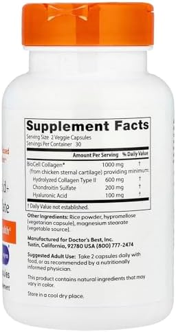 Doctor's Best Hyaluronic Acid with Chondroitin Sulfate, Featuring BioCell Collagen, Non-GMO, Gluten Free, Soy Free, Joint Support, 180 Count (Pack of 1)