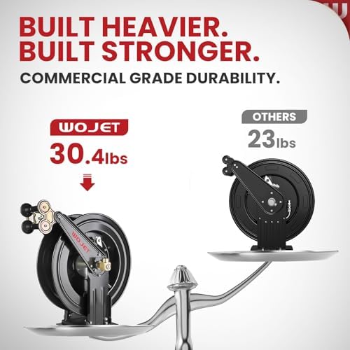 WOJET Pressure Washer Hose Reel 50 ft x 3/8 in, Retractable Hose Reel for Water/Air/Oil, Heavy Duty Hose Reel in Steel
