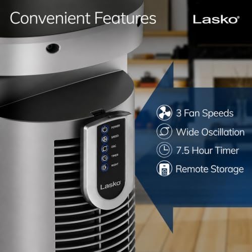 Lasko Oscillating Tower Fan with Remote - 42" - T42951 - Silver | Quiet Standing Fan for Bedroom, Office, and Home, 3 Speeds, Timer, Powerful Cooling Air, Nighttime setting, Space-Saving