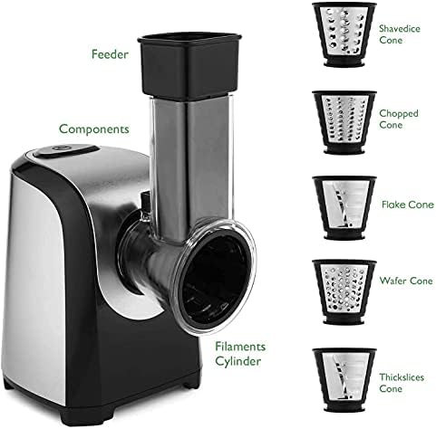 Electric Cheese Grater and Slicer Shredder for Kitchen, 150W 5 Cones | Salad Maker Grates slices shreds cheese vegetables fruits nuts