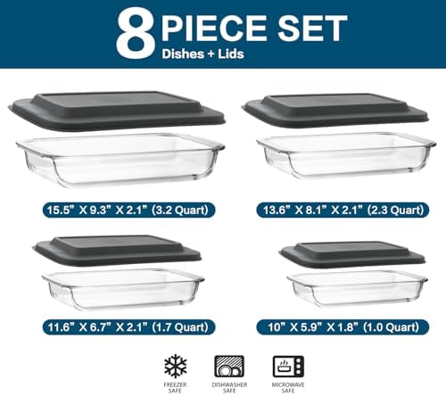 M MCIRCO 8 Piece Deep Glass Baking Dish with Lids, BPA free,Gray