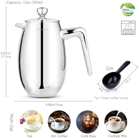 Easyworkz Nando French Press 23 oz Double Wall Insulated Thermal Coffee Maker,304 Stainless Steel Cafetiere