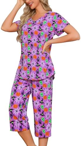 ENJOYNIGHT Womens Pajama Set Cotton Summer Pj Top with Capri Pant Sleepwear