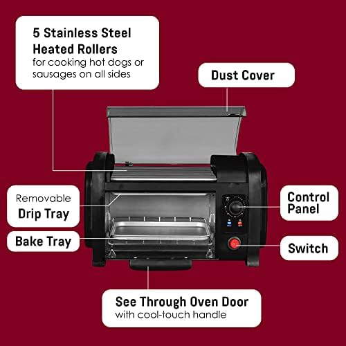 Elite Gourmet EHD-051B Hot Dog Toaster Oven, Steel Rollers, 4-Bun, Black | 30-Min Timer