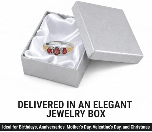 3 Stone Garnet Ring Silver with 14K Gold Plating January Birthstone Ring