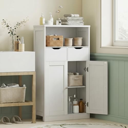 Vongrasig Bathroom Storage Cabinet, 42.5" H Freestanding Floor Cabinet | Wooden Modern Cabinet with 2 Drawers, Open Shelf and Adjustable Shelf for Bathroom, Laundry Room and Entryway, White