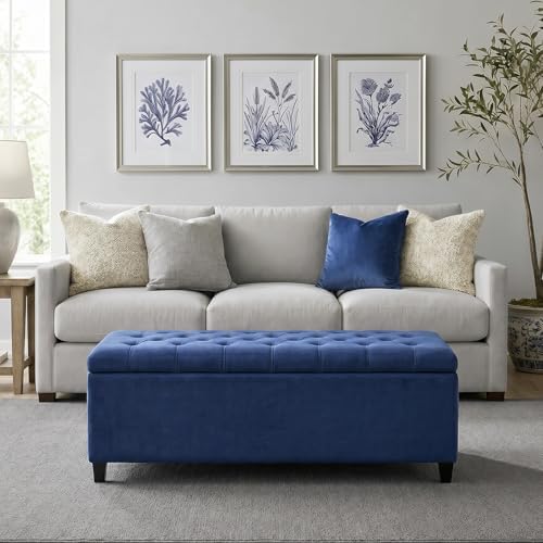 Madison Park 49" Upholstered Storage Bench, Button Tufted End of Bed Bench with Storage, Dual Spring Soft-Close Lid, Bedroom Bench for Queen King Bed, Entryway Living Room, Grey